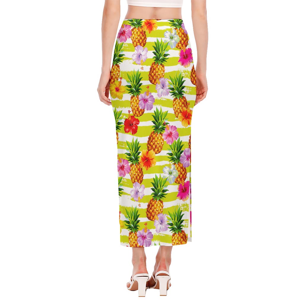 Yellow Striped Pineapple Pattern Print Side Slit Maxi Skirt