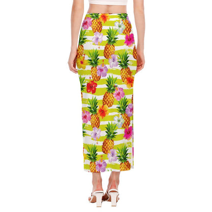 Yellow Striped Pineapple Pattern Print Side Slit Maxi Skirt