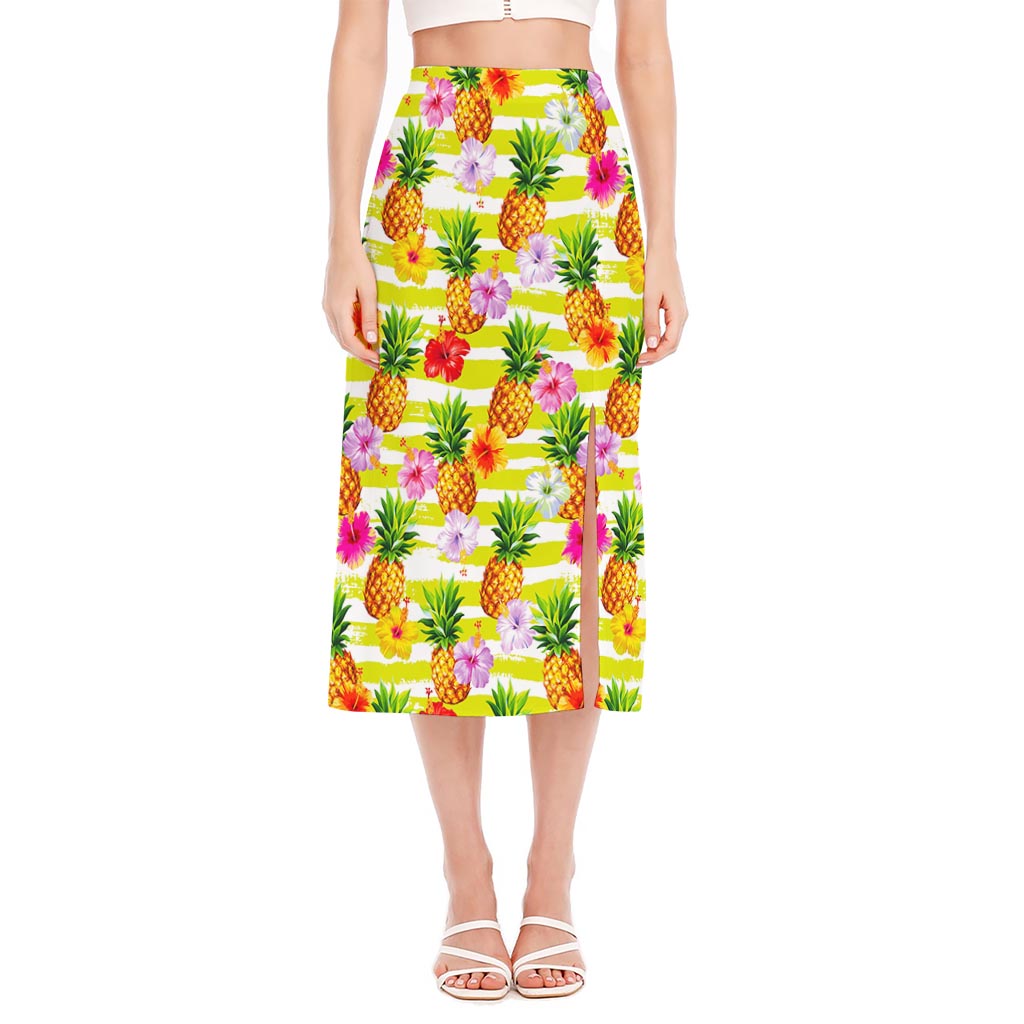 Yellow Striped Pineapple Pattern Print Side Slit Midi Skirt