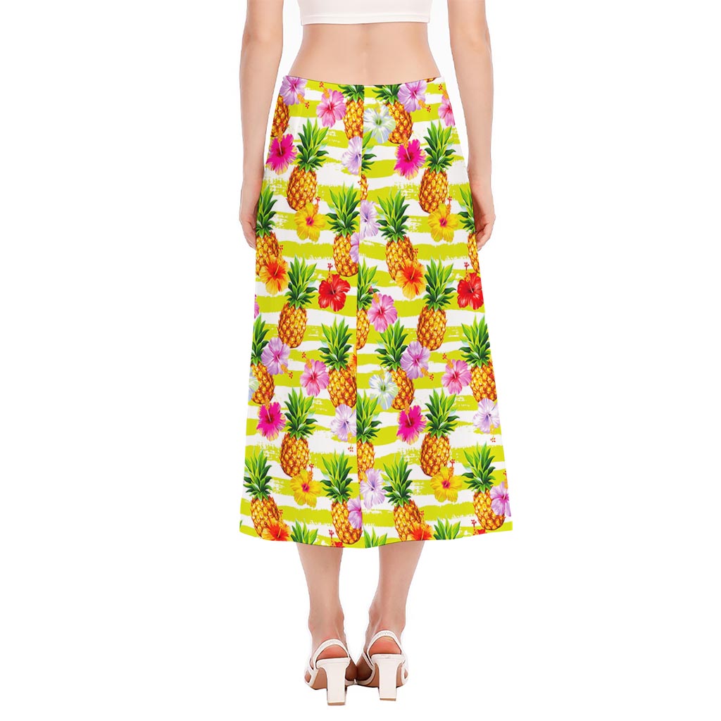 Yellow Striped Pineapple Pattern Print Side Slit Midi Skirt