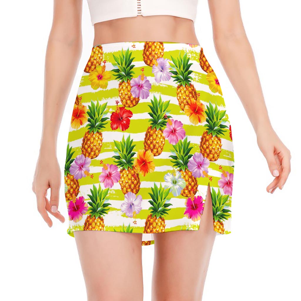 Yellow Striped Pineapple Pattern Print Side Slit Mini Skirt
