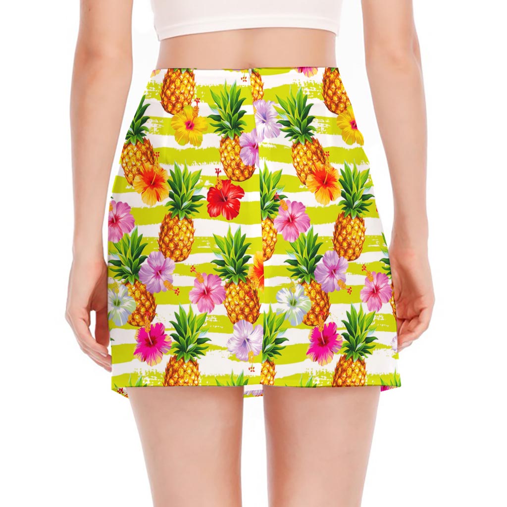 Yellow Striped Pineapple Pattern Print Side Slit Mini Skirt