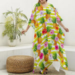 Yellow Striped Pineapple Pattern Print Silk V-Neck Kaftan Dress
