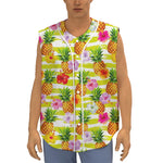 Yellow Striped Pineapple Pattern Print Sleeveless Baseball Jersey