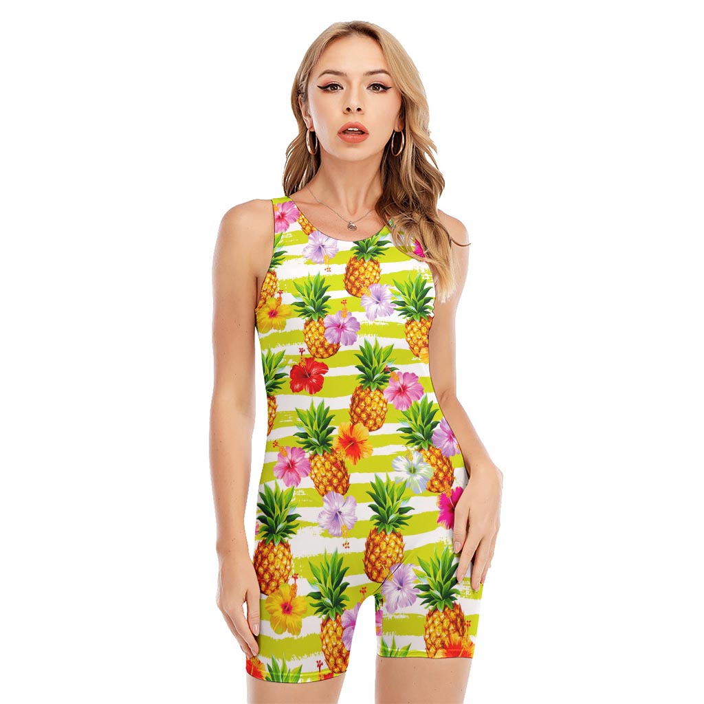 Yellow Striped Pineapple Pattern Print Sleeveless One Piece Swimsuit
