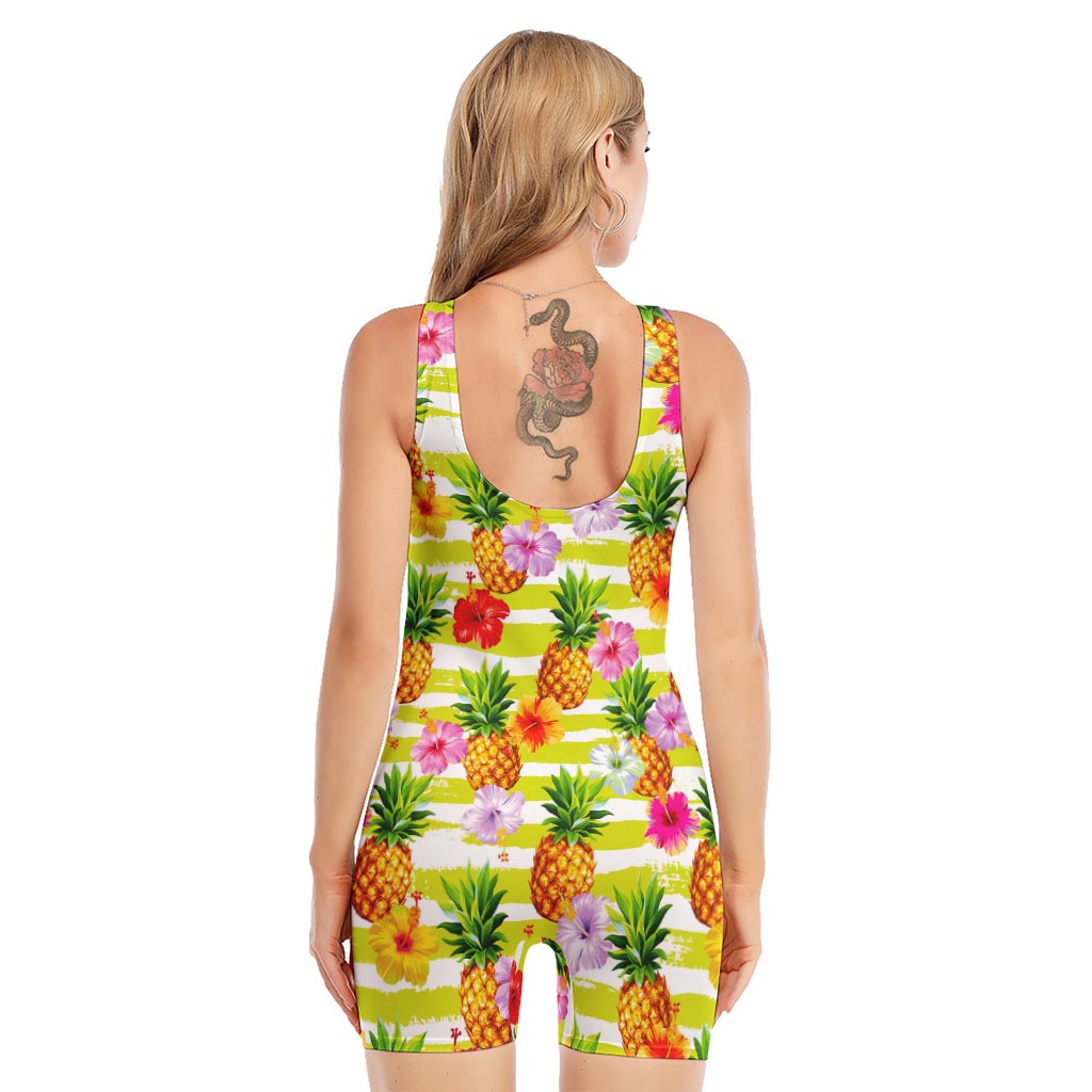 Yellow Striped Pineapple Pattern Print Sleeveless One Piece Swimsuit