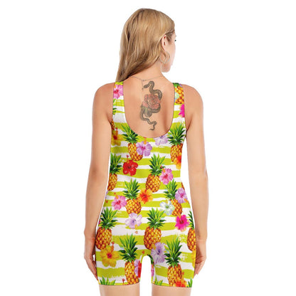 Yellow Striped Pineapple Pattern Print Sleeveless One Piece Swimsuit