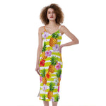 Yellow Striped Pineapple Pattern Print Slim Fit Midi Cami Dress