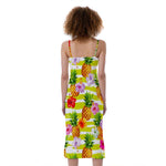 Yellow Striped Pineapple Pattern Print Slim Fit Midi Cami Dress