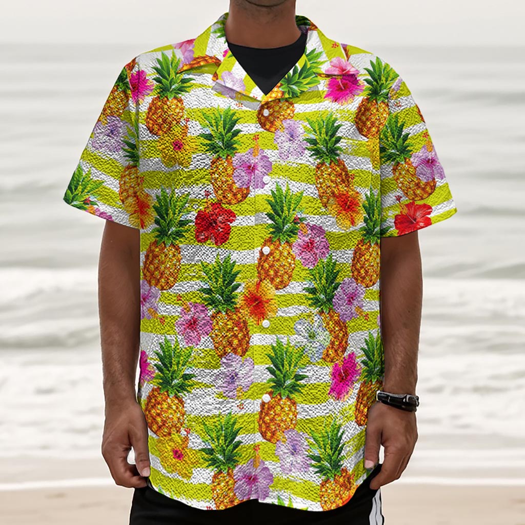 Yellow Striped Pineapple Pattern Print Textured Short Sleeve Shirt