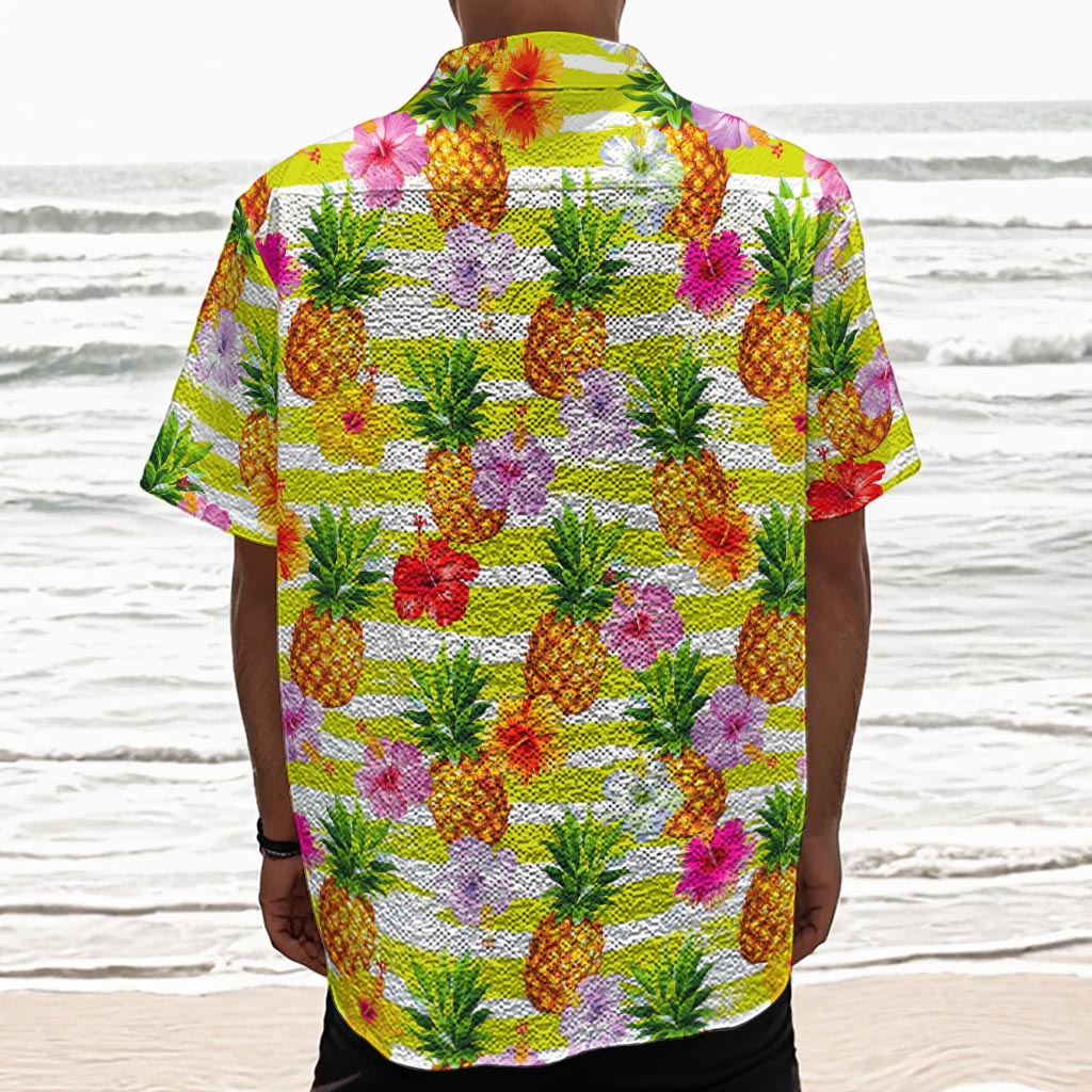 Yellow Striped Pineapple Pattern Print Textured Short Sleeve Shirt