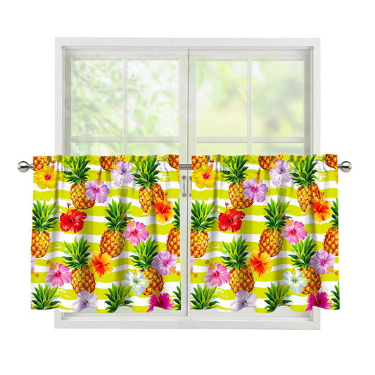 Yellow Striped Pineapple Pattern Print Tier Curtains