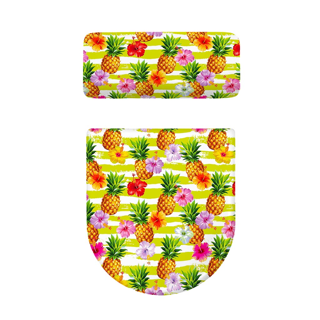 Yellow Striped Pineapple Pattern Print Toilet Lid And Tank Cover Set