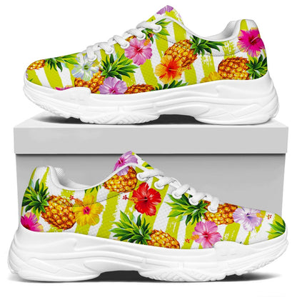 Yellow Striped Pineapple Pattern Print White Chunky Shoes