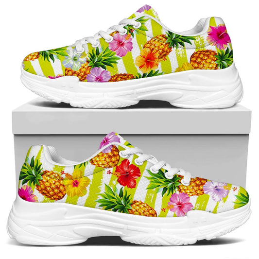 Yellow Striped Pineapple Pattern Print White Chunky Shoes
