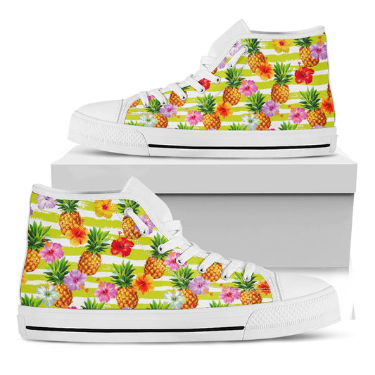 Yellow Striped Pineapple Pattern Print White High Top Sneakers