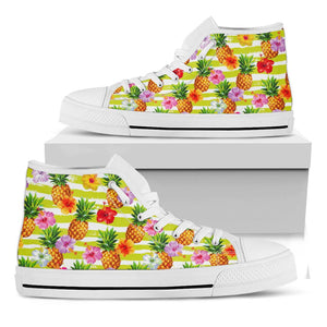 Yellow Striped Pineapple Pattern Print White High Top Sneakers
