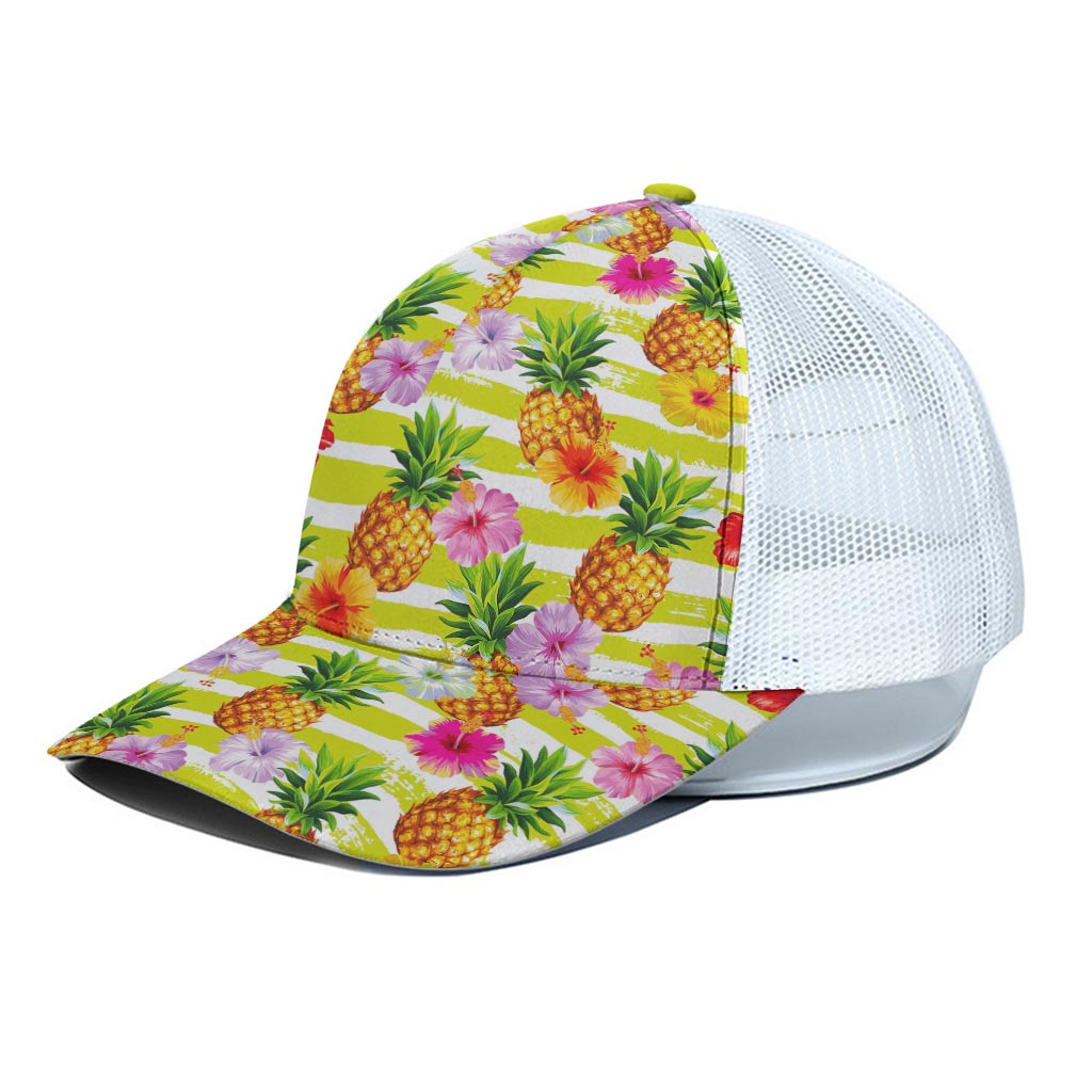 Yellow Striped Pineapple Pattern Print White Mesh Trucker Cap