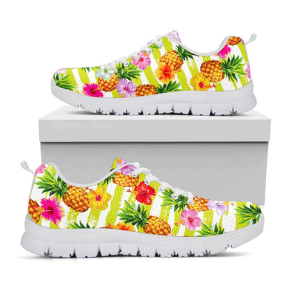 Yellow Striped Pineapple Pattern Print White Running Shoes