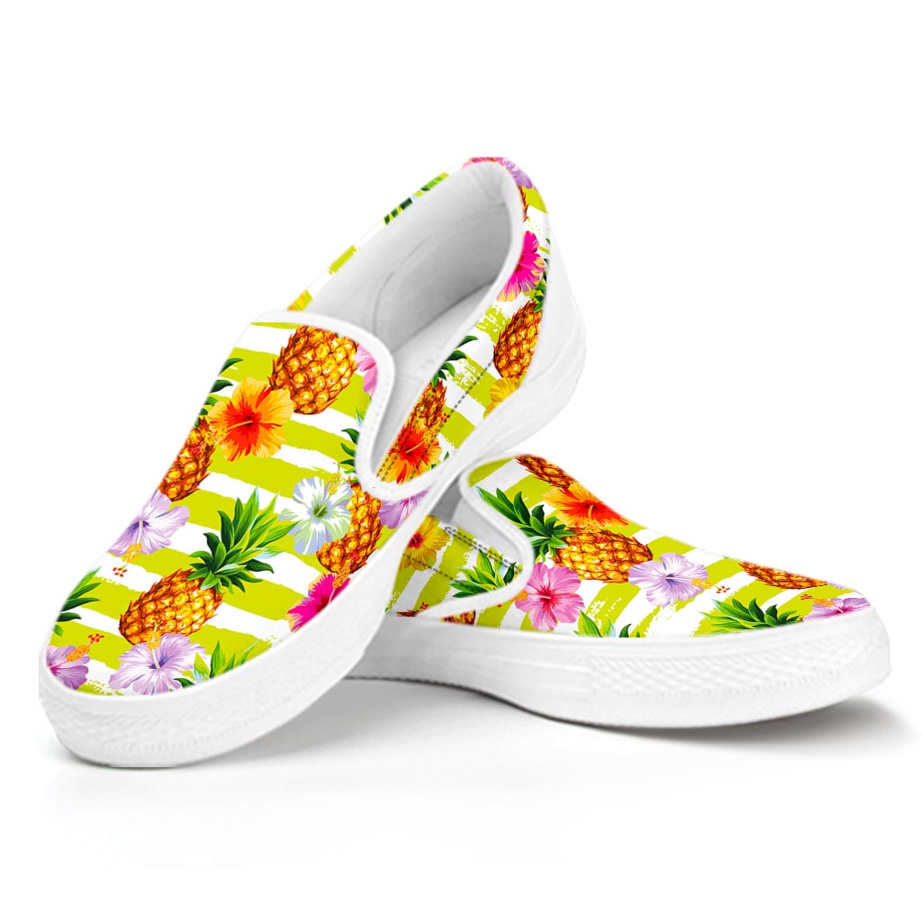 Yellow Striped Pineapple Pattern Print White Slip On Sneakers