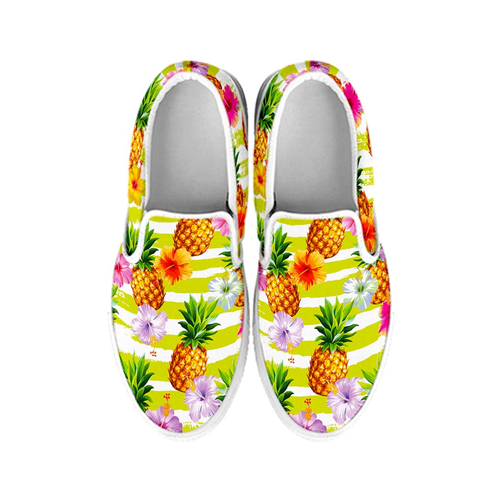 Yellow Striped Pineapple Pattern Print White Slip On Sneakers