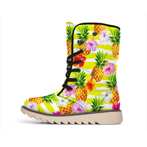 Yellow Striped Pineapple Pattern Print Winter Boots