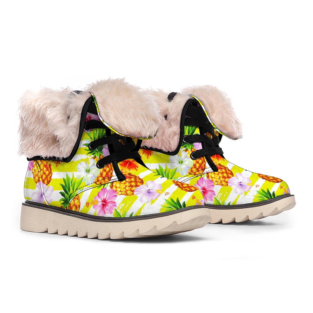 Yellow Striped Pineapple Pattern Print Winter Boots