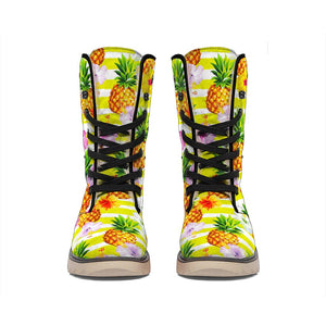 Yellow Striped Pineapple Pattern Print Winter Boots