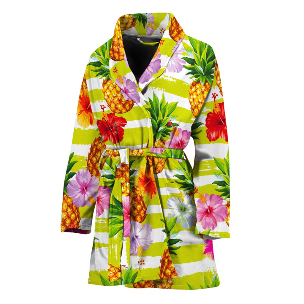 Yellow Striped Pineapple Pattern Print Women's Bathrobe