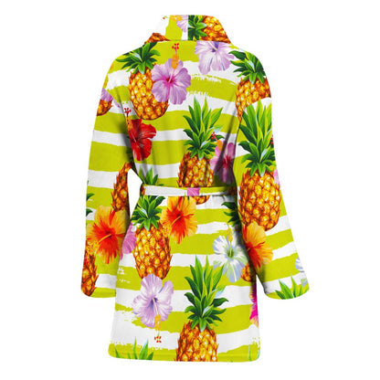 Yellow Striped Pineapple Pattern Print Women's Bathrobe