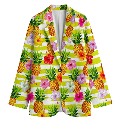 Yellow Striped Pineapple Pattern Print Women's Blazer