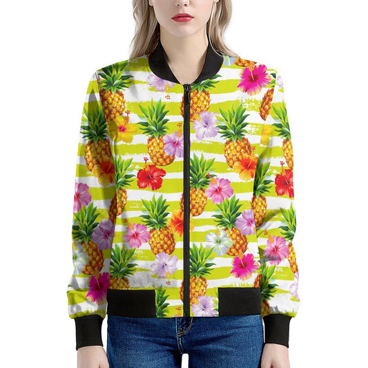 Yellow Striped Pineapple Pattern Print Women's Bomber Jacket