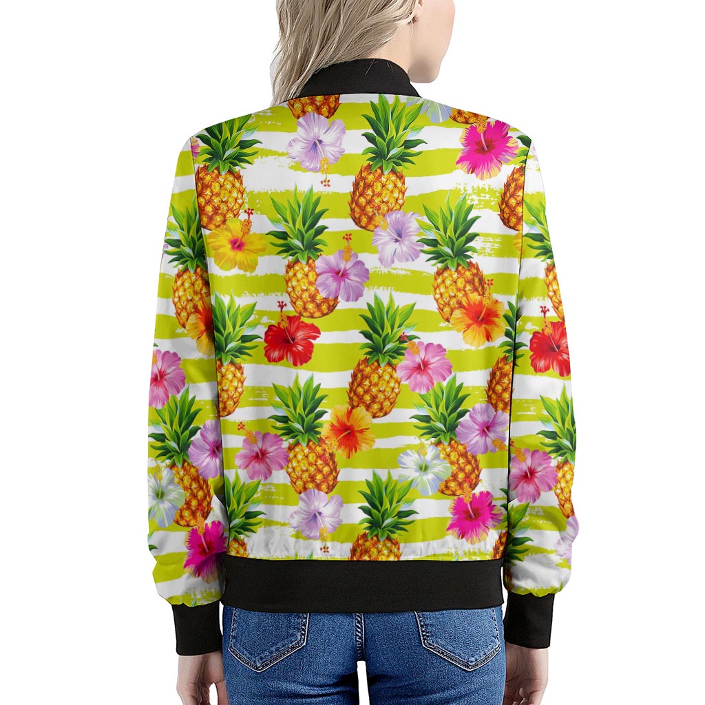 Yellow Striped Pineapple Pattern Print Women's Bomber Jacket
