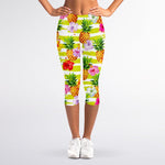 Yellow Striped Pineapple Pattern Print Women's Capri Leggings