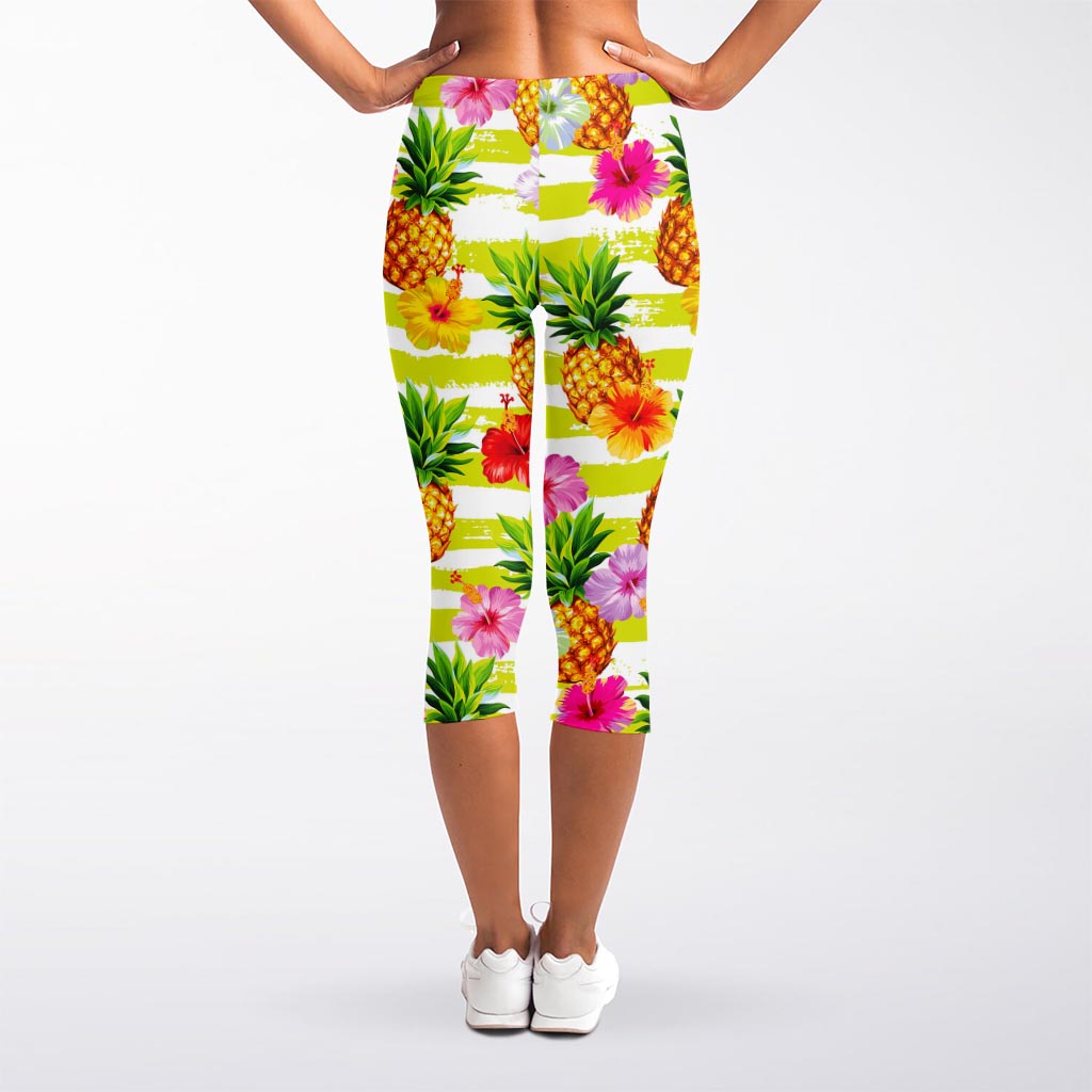 Yellow Striped Pineapple Pattern Print Women's Capri Leggings