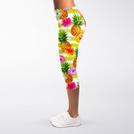Yellow Striped Pineapple Pattern Print Women's Capri Leggings