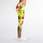 Yellow Striped Pineapple Pattern Print Women's Capri Leggings