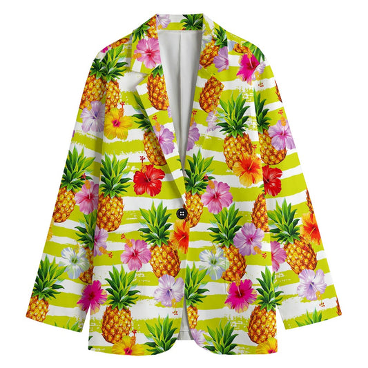 Yellow Striped Pineapple Pattern Print Women's Cotton Blazer