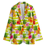 Yellow Striped Pineapple Pattern Print Women's Cotton Blazer
