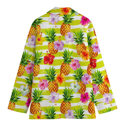 Yellow Striped Pineapple Pattern Print Women's Cotton Blazer