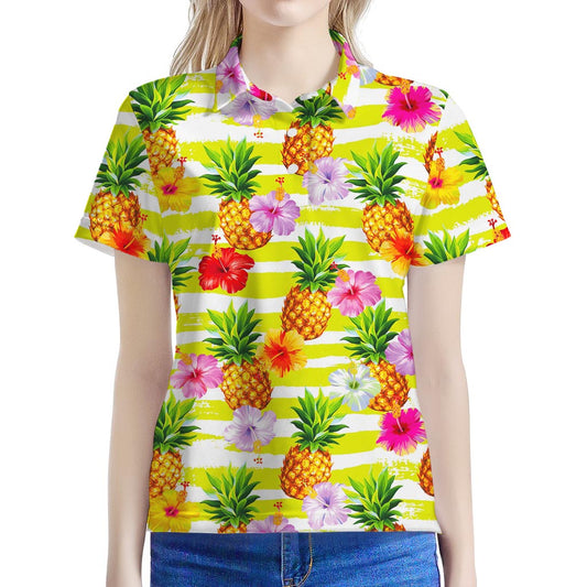 Yellow Striped Pineapple Pattern Print Women's Polo Shirt