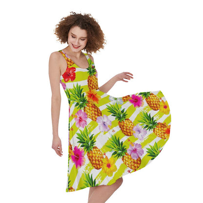Yellow Striped Pineapple Pattern Print Women's Sleeveless Dress