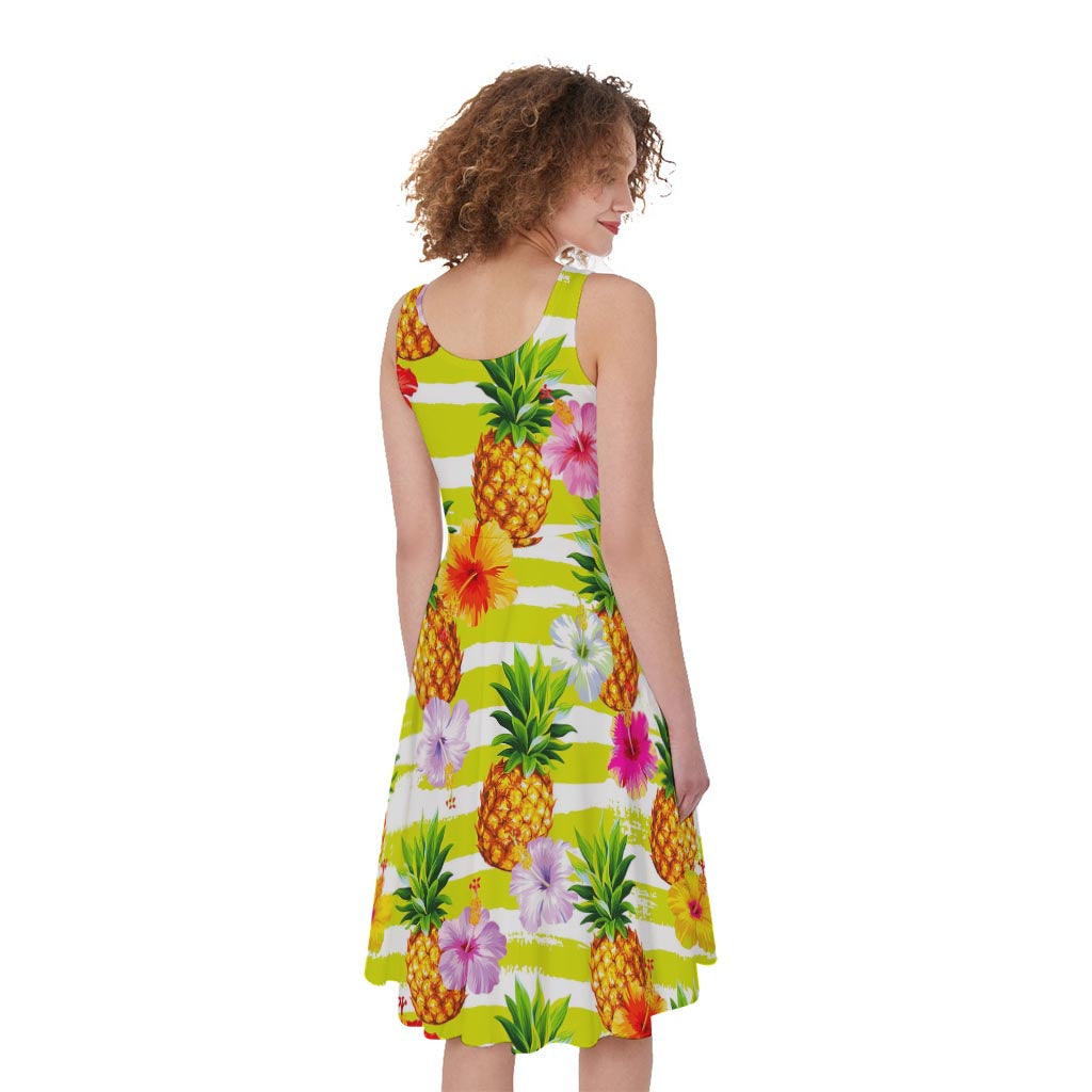 Yellow Striped Pineapple Pattern Print Women's Sleeveless Dress