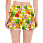 Yellow Striped Pineapple Pattern Print Women's Split Running Shorts