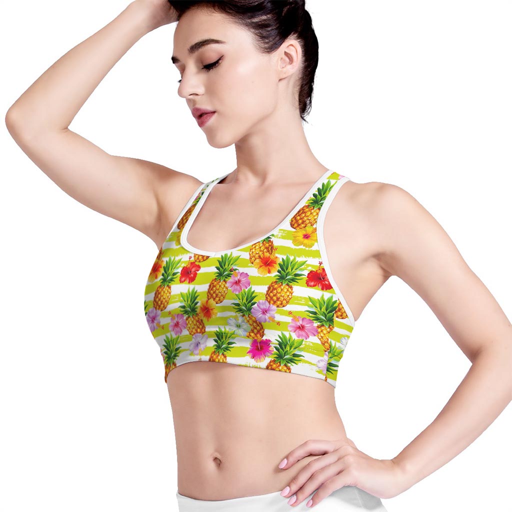 Yellow Striped Pineapple Pattern Print Women's Sports Bra