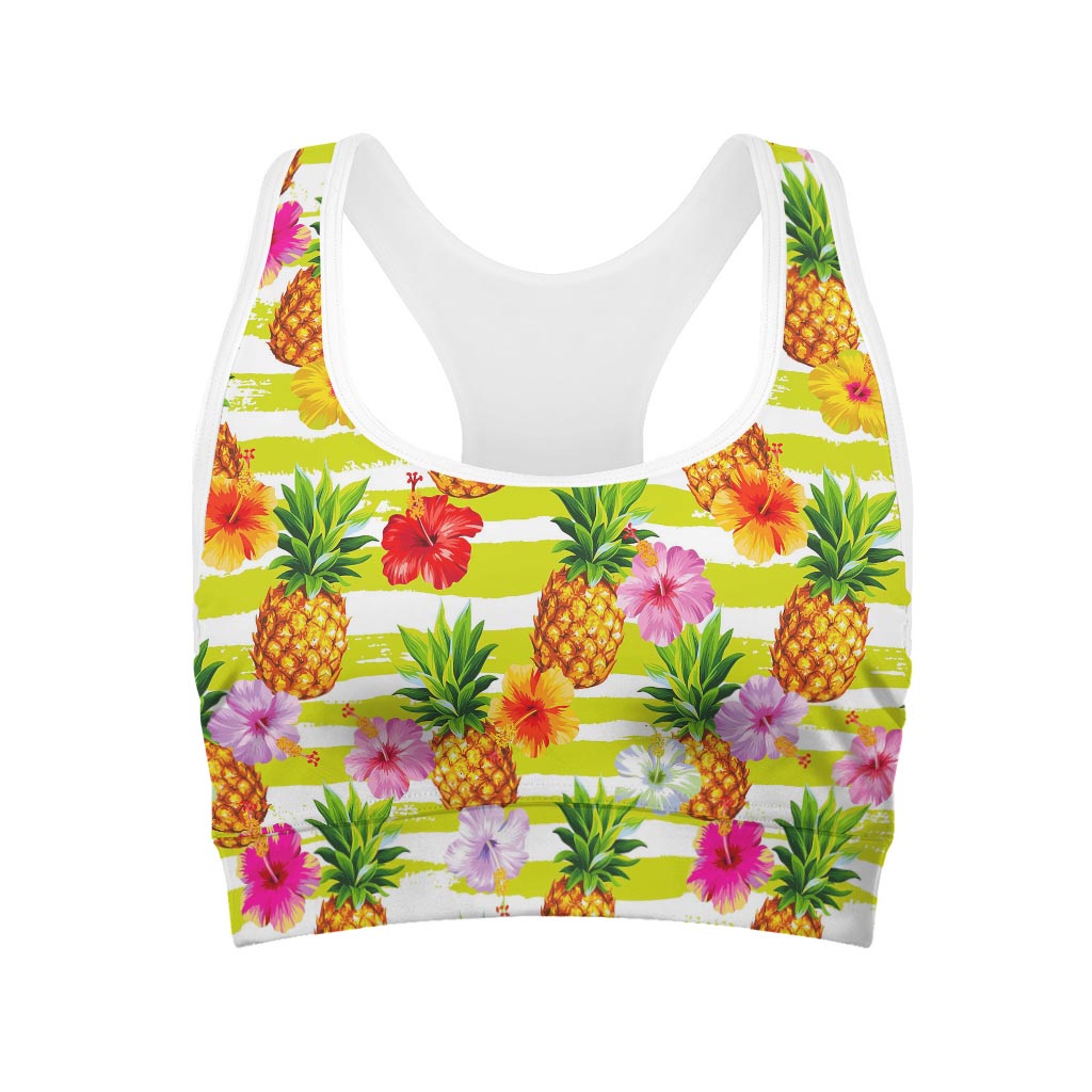 Yellow Striped Pineapple Pattern Print Women's Sports Bra