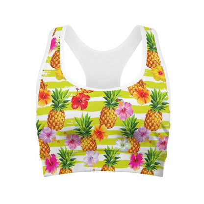 Yellow Striped Pineapple Pattern Print Women's Sports Bra