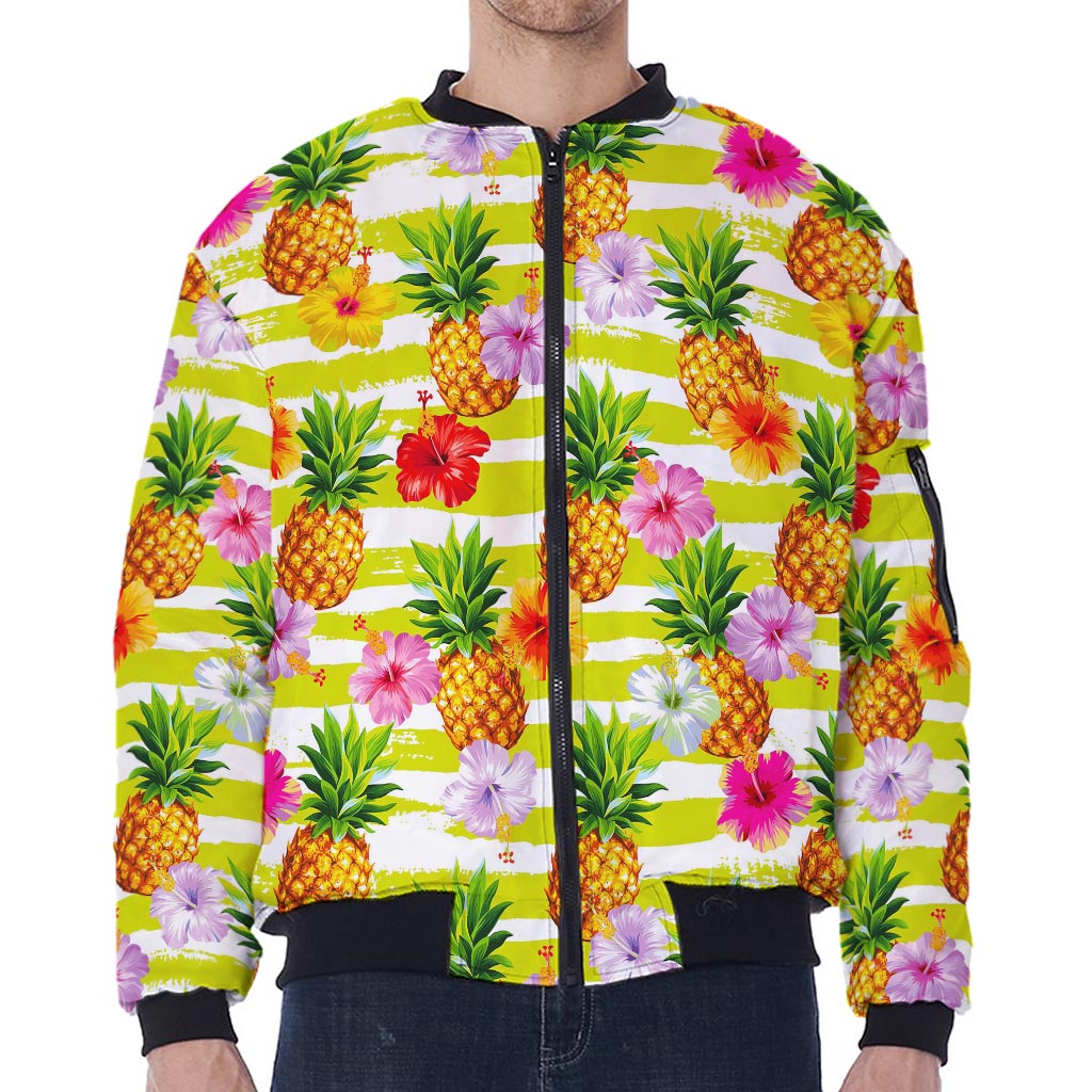 Yellow Striped Pineapple Pattern Print Zip Sleeve Bomber Jacket
