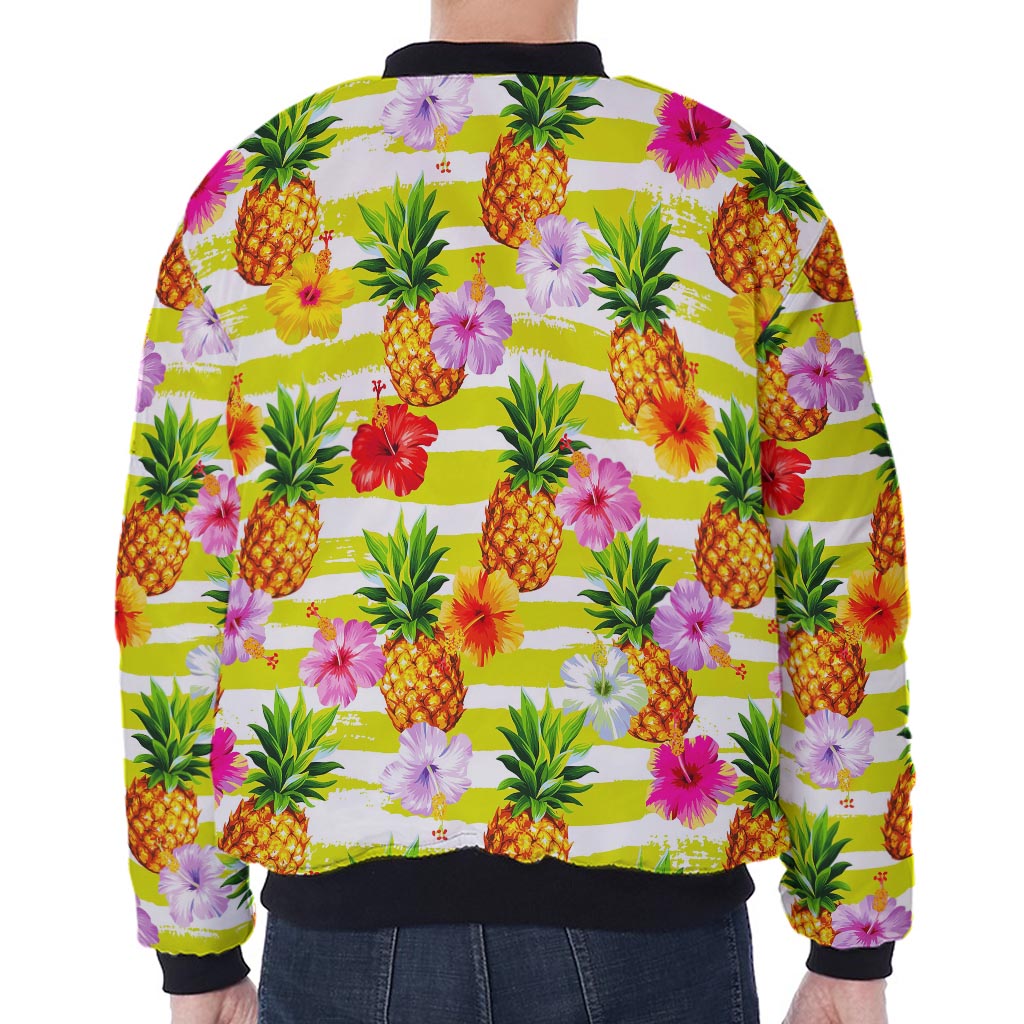 Yellow Striped Pineapple Pattern Print Zip Sleeve Bomber Jacket