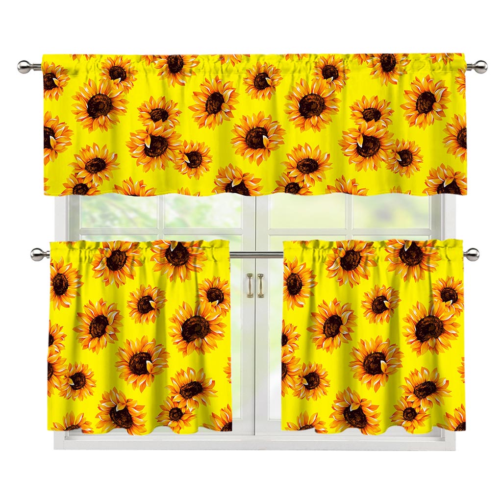 Yellow Sunflower Pattern Print 3 Piece Kitchen Curtains